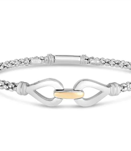 Sterling Silver And 18K Yellow Gold 3MM Popcorn Double Hook Infinity Bangle Bracelet 7.25"