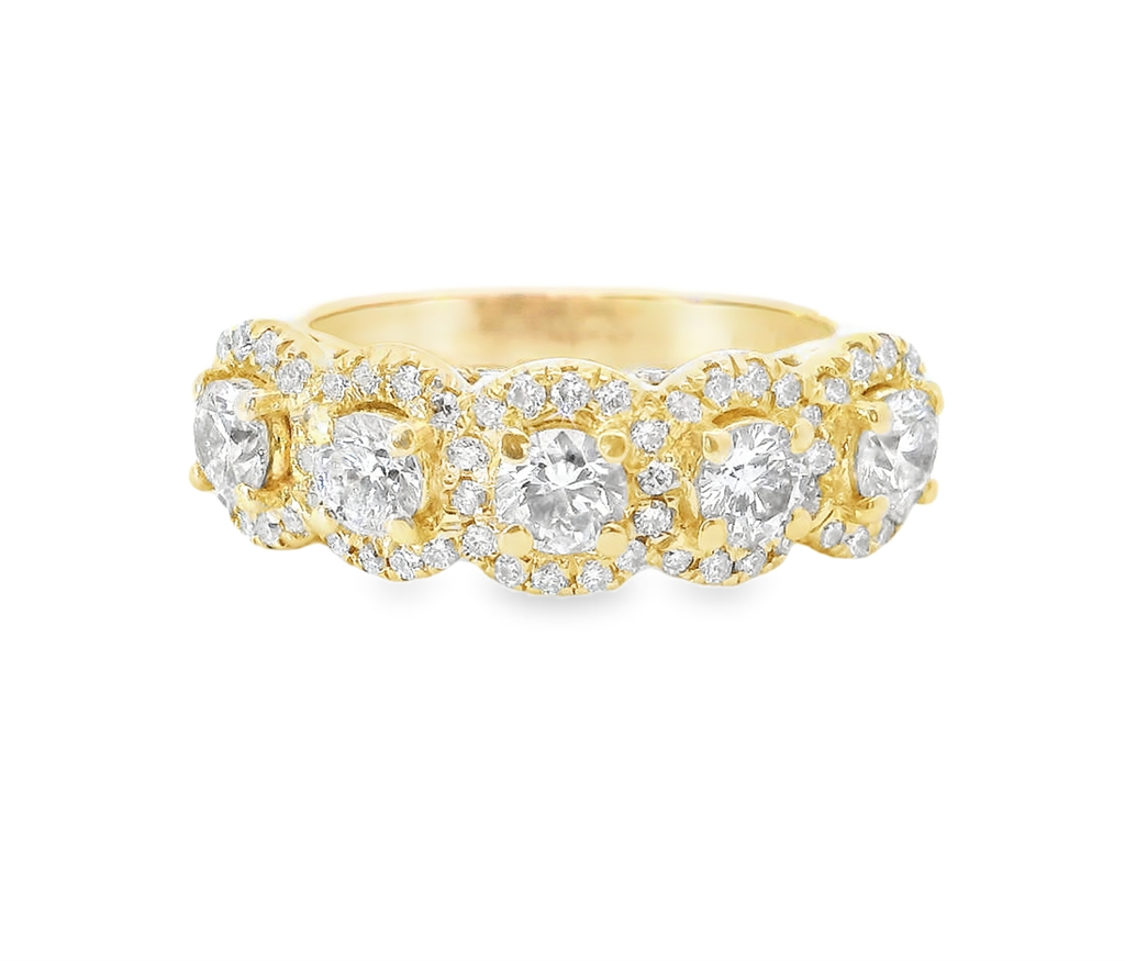 14KYellow Gold, 5 Stone Halo Diamond Band 1.25 cttw