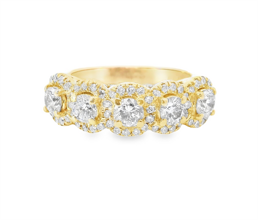 14KYellow Gold, 5 Stone Halo Diamond Band 1.25 cttw