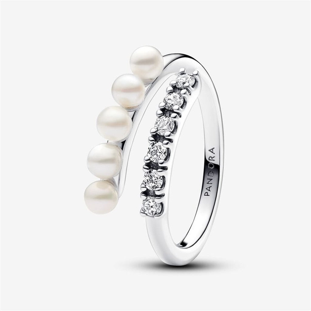 Pandora Timeless Treated Freshwater Cultured Pearls & Pavé Open Ring Size 7