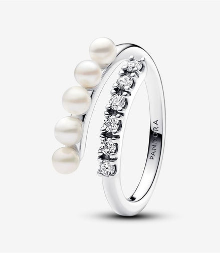 Pandora Timeless Treated Freshwater Cultured Pearls & Pavé Open Ring Size 7