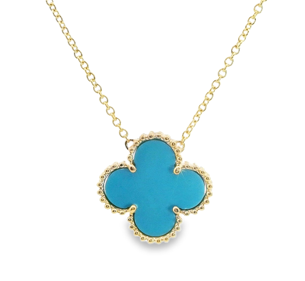 14K Yellow Gold And Turquoise Flower Shaped Beaded Design Pendant