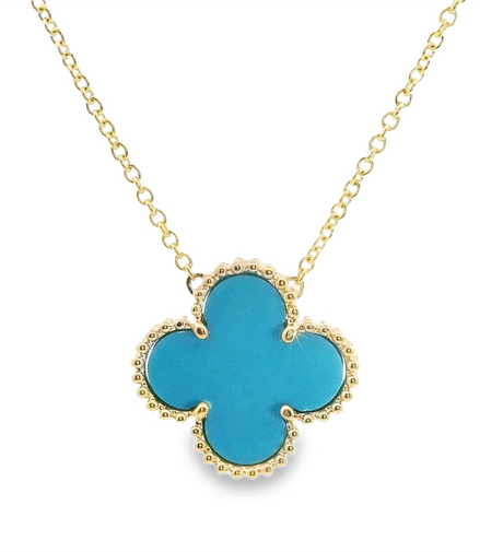 14K Yellow Gold And Turquoise Flower Shaped Beaded Design Pendant