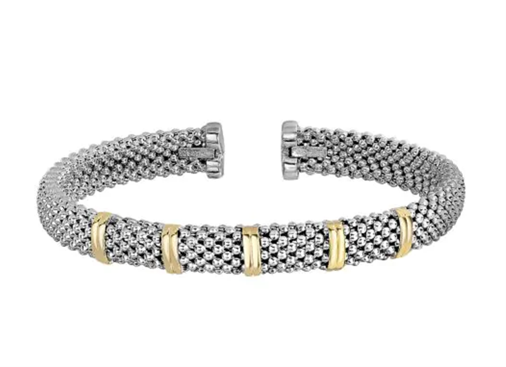 Sterling Silver And 18K Yellow Gold 7MM Popcorn And Gold Bar Cuff Bracelet
