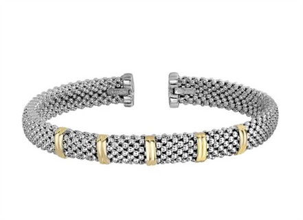 Sterling Silver And 18K Yellow Gold 7MM Popcorn And Gold Bar Cuff Bracelet
