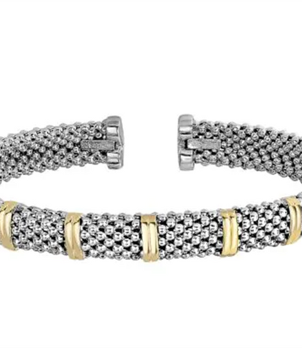 Sterling Silver And 18K Yellow Gold 7MM Popcorn And Gold Bar Cuff Bracelet