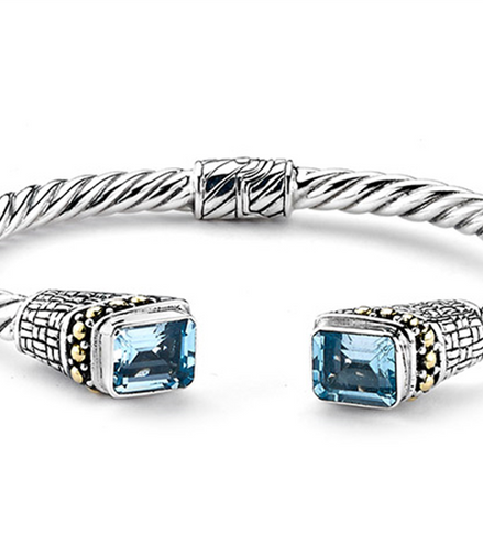 Samuel B Silver And 18K Gold Twisted Emerald Cut Blue Topaz Bangle Bracelet