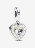 Pandora Moments "Mom"  Pearlescent White Heart Double Dangle Charm