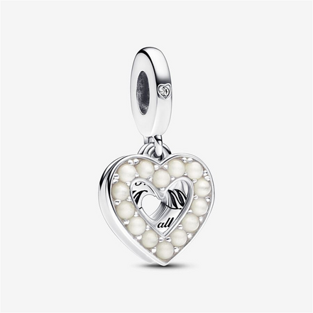 Pandora Moments "Mom"  Pearlescent White Heart Double Dangle Charm