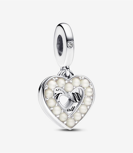 Pandora Moments "Mom"  Pearlescent White Heart Double Dangle Charm