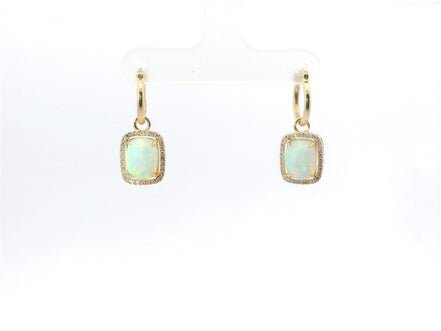14K Yellow Gold Opal And Diamond Cabochon Drop Dangle Earrings