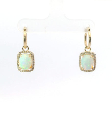 14K Yellow Gold Opal And Diamond Cabochon Drop Dangle Earrings