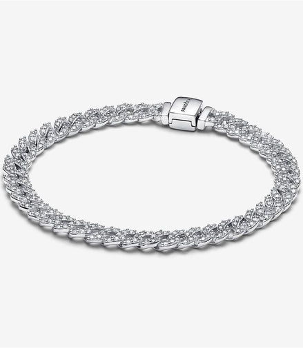 Pandora Timeless Silver Pavé Cuban Chain Bracelet Size 16