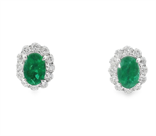 14K White Gold Oval Emerald and Diamond Earrings