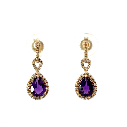 Ladies 14K Yellow Gold Amethyst And Diamond Dangle Earrings