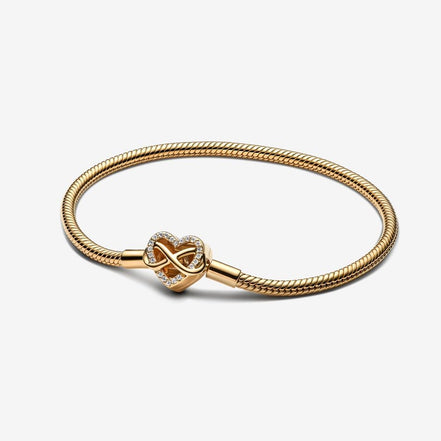 Pandora Moments 14K Gold-Plated Sparkling Infinity Heart Clasp Snake Chain Bracelet Size 18