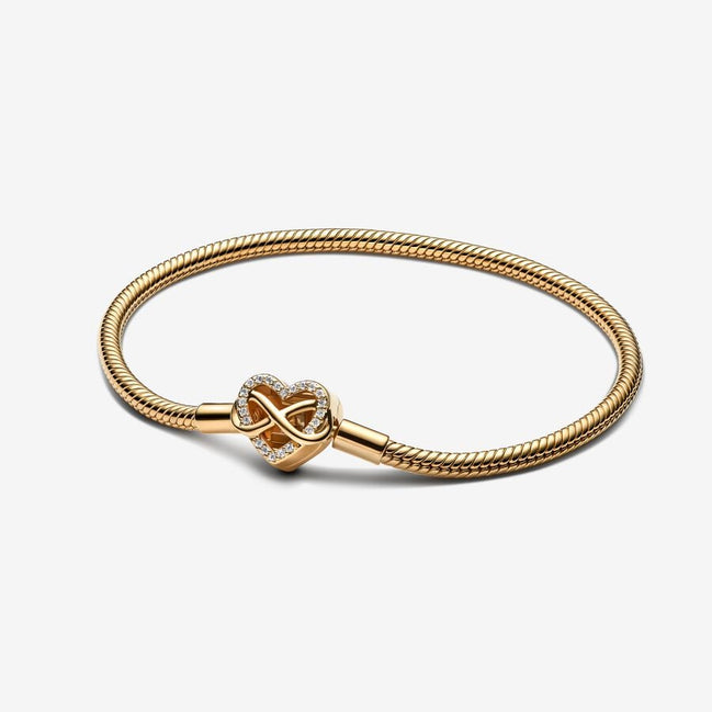 Pandora Moments 14K Gold-Plated Sparkling Infinity Heart Clasp Snake Chain Bracelet Size 18