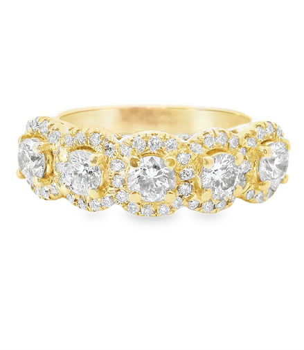 14KYellow Gold, 5 Stone Halo Diamond Band 1.25 cttw