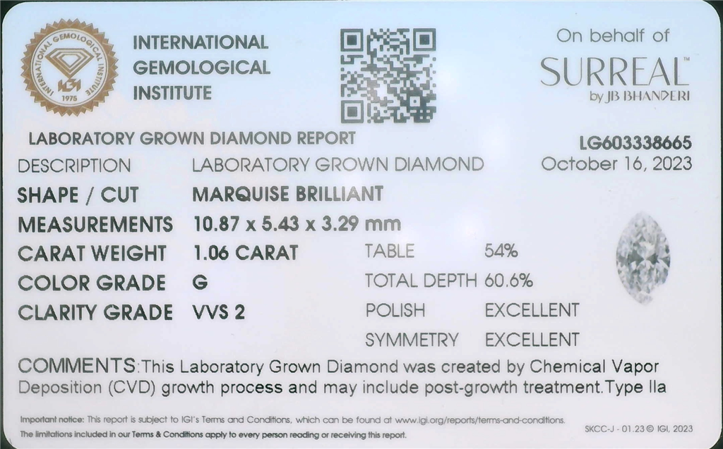 1.06 Ctw Lab Grown G VVS2 Marquise-Cut Diamond