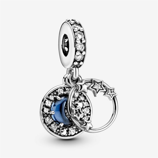 Pandora Moments Blue Night Sky Crescent Moon & Stars Love  Dangle Charm