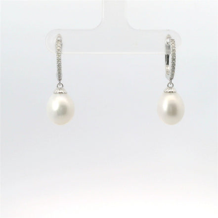 14K White Gold Diamond & Pearl Drop Dangle Earrings
