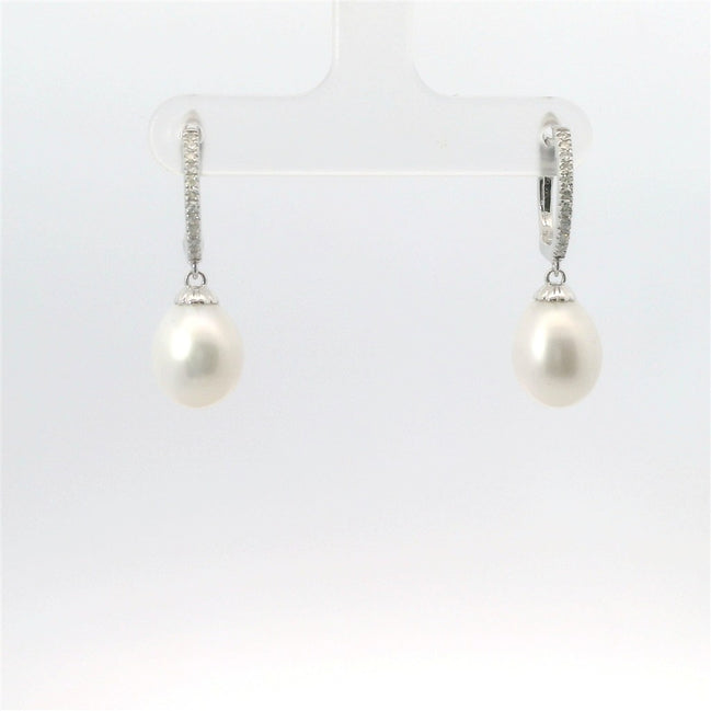 14K White Gold Diamond & Pearl Drop Dangle Earrings