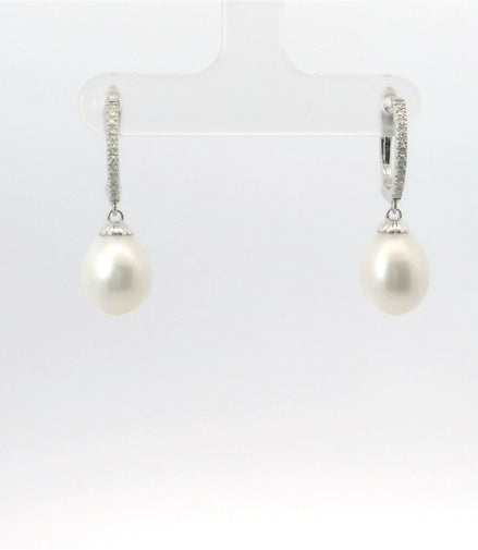 14K White Gold Diamond & Pearl Drop Dangle Earrings