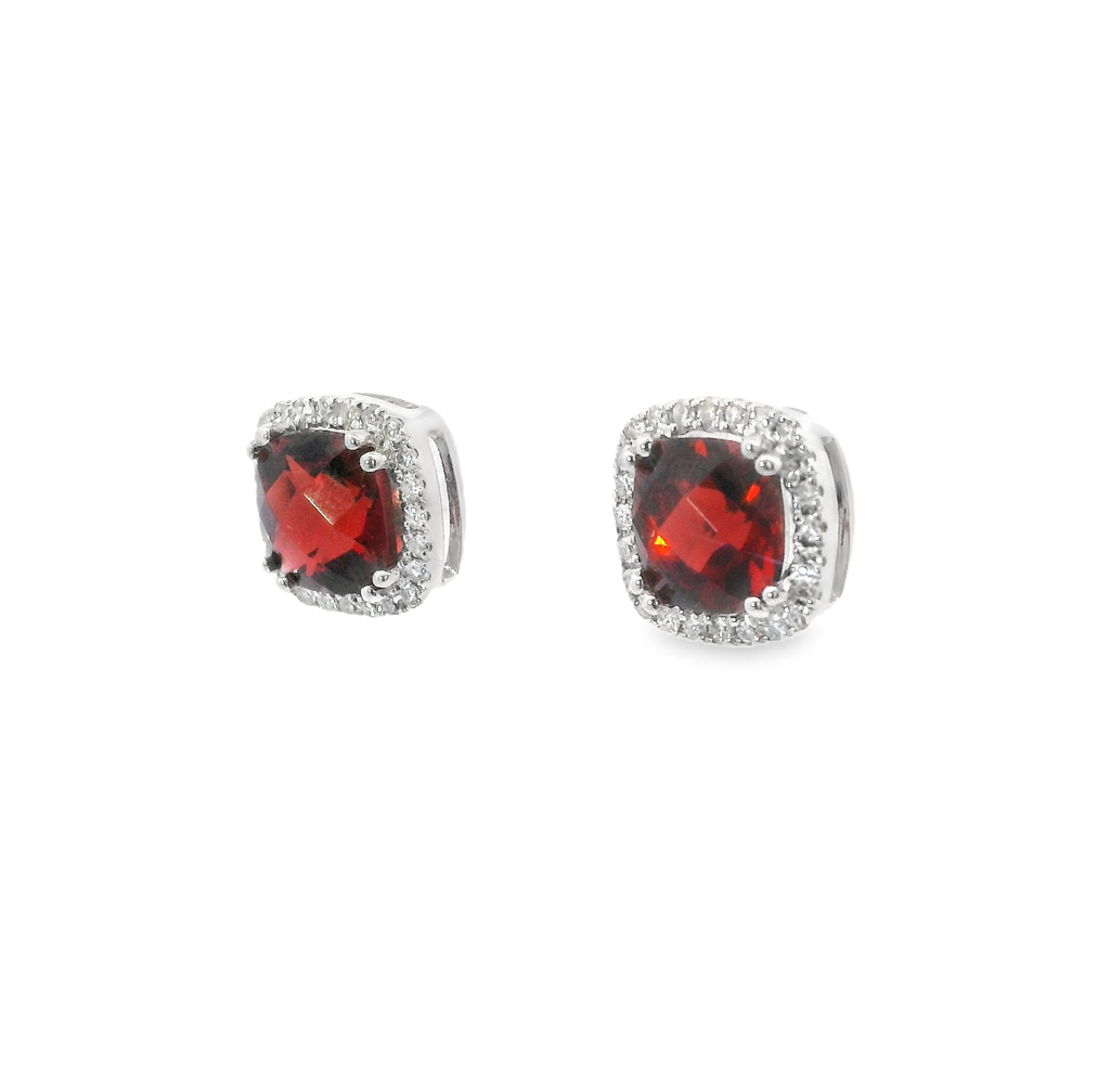 14K Gold Diamond And Garnet Halo Earrings