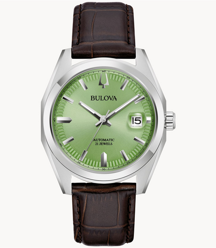 Bulova Surveyor Stainless Steel And Pistacio Green Dial Leather Strap Watch