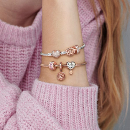 Pandora Moments Rose Smooth Barrel Clasp Snake Chain Charm Bracelet Size 16