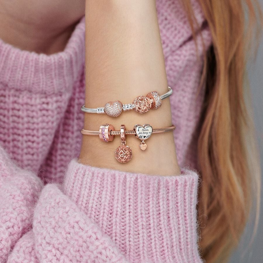 Pandora Moments Rose Smooth Barrel Clasp Snake Chain Charm Bracelet Size 16