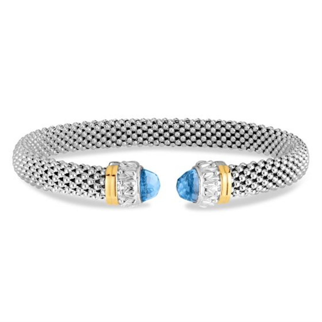 Phillip Gavriel Silver And 18K Gold  Blue Topaz Popcorn Renaissance Open Cuff Bangle Bracelet