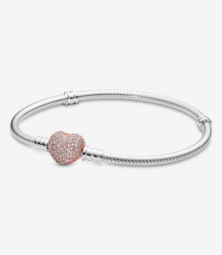Pandora Moments Pave' Heart Clasp Snake Chain Bracelet Size 19