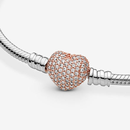 Pandora Moments Pavé Heart Clasp Snake Chain Bracelet Size 18