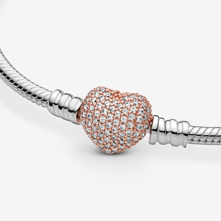 Pandora Moments Pave' Heart Clasp Snake Chain Bracelet Size 19