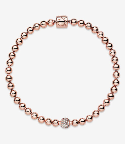 Pandora Timeless14K Rose Gold-Plated  Beads And Pavé Bracelet Size 19