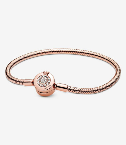 Pandora Signatures Rose Sparkling Crown O Snake Chain Bracelet Size 17