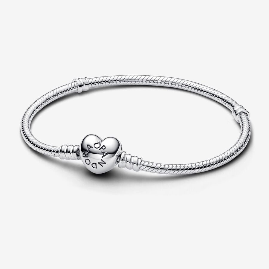 Pandora Moments Silver Heart Clasp Snake Chain Bracelet Size 18