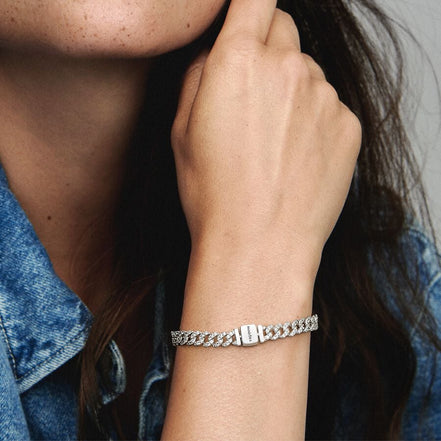 Pandora Timeless Silver Pavé Cuban Chain Bracelet Size 16