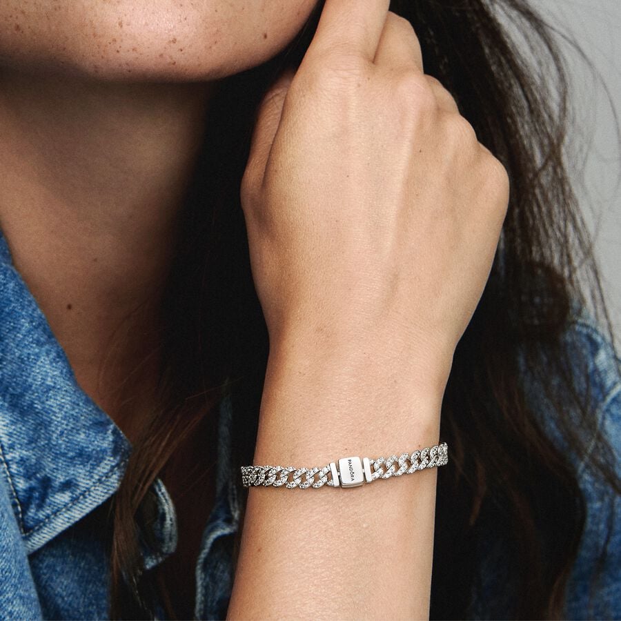 Pandora Timeless Silver Pavé Cuban Chain Bracelet Size 16