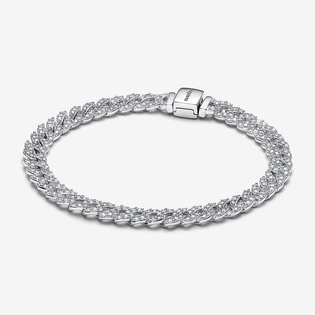 Pandora Timeless Silver Pavé Cuban Chain Bracelet Size 16