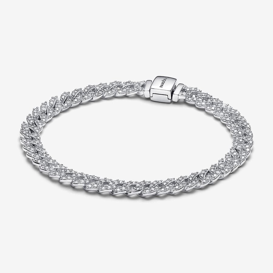 Pandora Timeless Silver Pavé Cuban Chain Bracelet Size 16