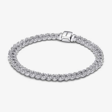Pandora Timeless Silver Pavé Cuban Chain Bracelet Size 18