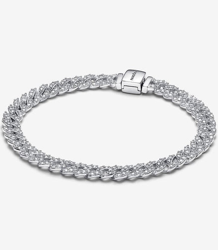 Pandora Timeless Silver Pavé Cuban Chain Bracelet Size 18