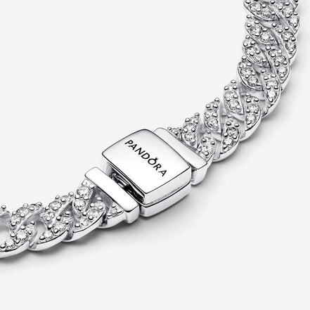 Pandora Timeless Silver Pavé Cuban Chain Bracelet Size 16