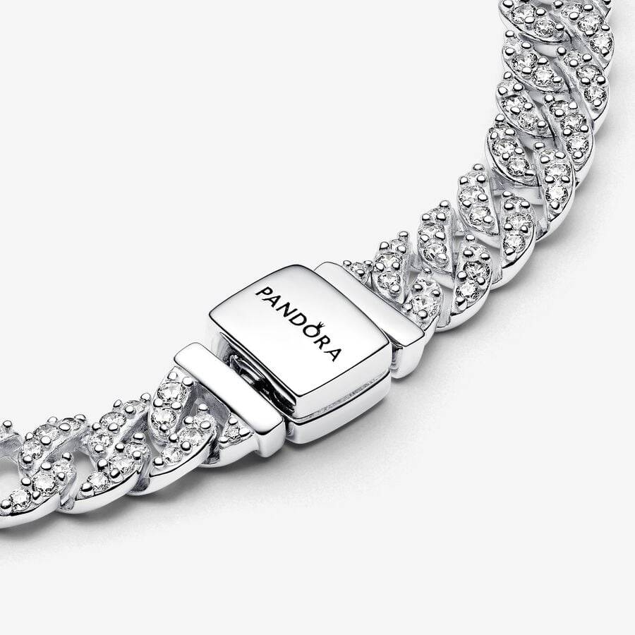 Pandora Timeless Silver Pavé Cuban Chain Bracelet Size 16