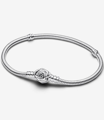 Pandora Moments Rose in Bloom Clasp Snake Chain Bracelet Size 21