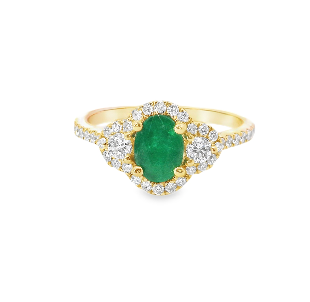 14K Yellow Gold Emerald And Diamond Accented Fashion Ring