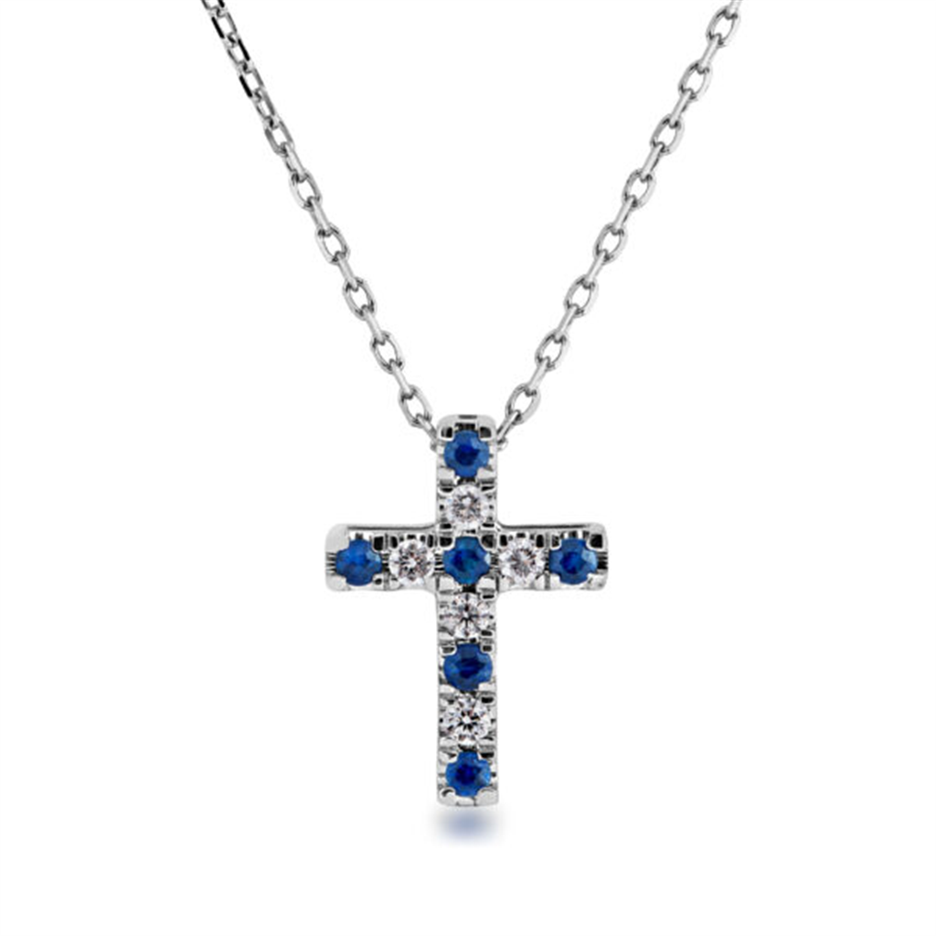 14K White Gold Diamond And Sapphire Cross Pendant Necklace