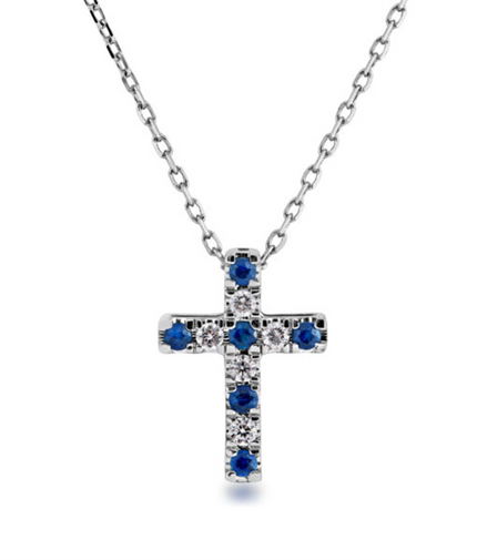 14K White Gold Diamond And Sapphire Cross Pendant Necklace